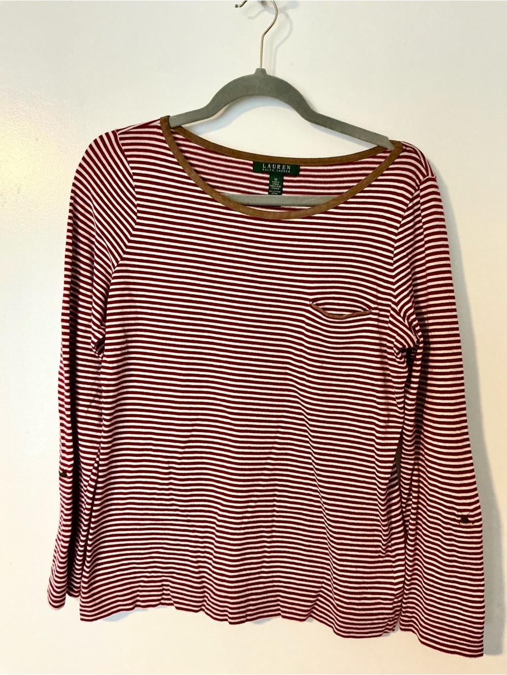 Ralph Lauren Red and White Striped Long-Sleeve Tee with Tan Trim